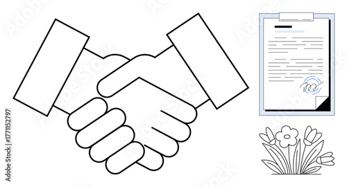 Handshake symbolizing agreement, contract document for commitment, and flowers representing harmony. Ideal for teamwork, collaboration, eco-partnerships, agreements, integrity, negotiation unity
