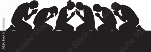 Six black silhouette figures kneeling with heads bowed and hands clasped in prayer or supplication people