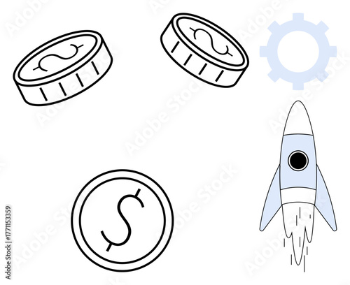 Rocket taking off symbolizing progress, coins flying representing investment, gear denoting development. Ideal for finance, start-up funding, innovation, growth, technology, entrepreneurship