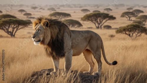 Wallpaper Mural Majestic lion atop a rock, savanna backdrop Torontodigital.ca