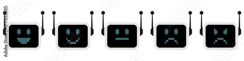 Set robot emoticon face icon vector. Collection for AI, technology, chatbot, and digital assistant themes. Features mechanical expressions for UI/UX design and conveying machine emotion.	