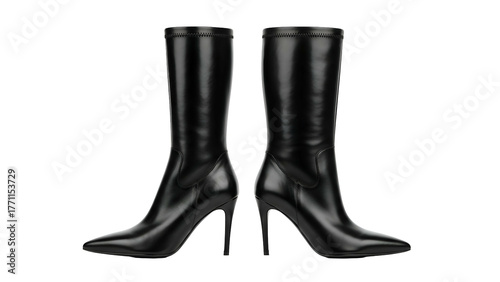 Pair of sleek, high-heeled leather boots displayed against a solid black background.
