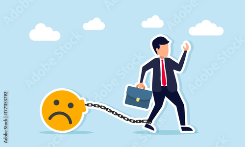 Businessman trapped by chains connected to a heavy sad emoticon burden illustration of unhappiness in the workplace