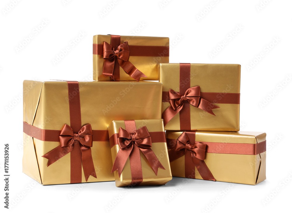 Obraz premium Golden Christmas gift boxes on white background