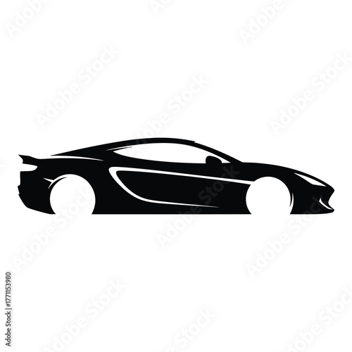 Sleek black sports car silhouette isolated on white background, showcasing its aerodynamic design, powerful curves, and modern aesthetic appeal for automotive enthusiasts