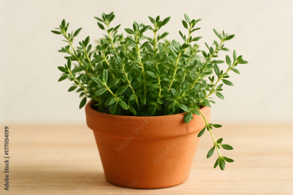 Fototapeta premium Fresh green thyme herb growing in small terracotta pot on wooden table, homegrown plant in natural indoor environment