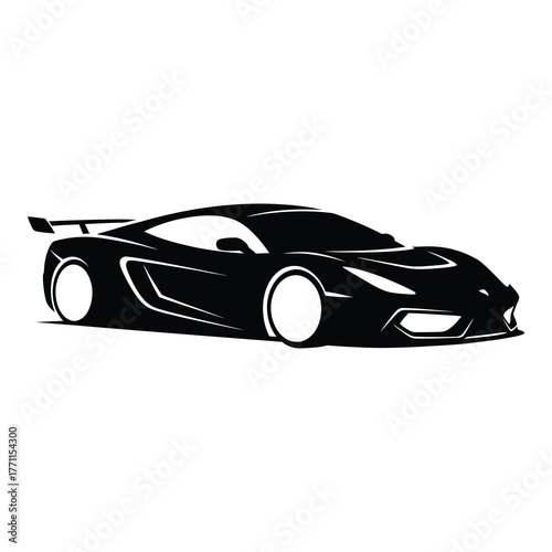 Aggressive black sports car silhouette isolated on white background, showcasing its aerodynamic features, powerful stance, and modern design elements for automotive enthusiasts
