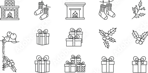 Collection of Christmas doodles, including fireplace, socks and gift box