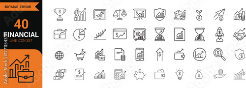 Financial line icon set. Including Profit, Revenue, Growth, Investment, Chart, Money, Dividend, Earnings, Wealth, Yield. Line art vector illustration