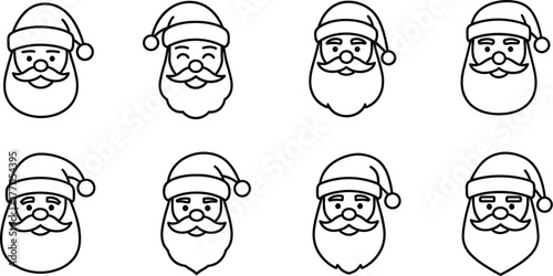 Set of santa claus faces in hand-drawn doodle style