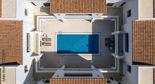Fototapeta Naklejka Na Ścianę i Meble -  A drone shot looking straight down on a modern Spanish villa with a central courtyard and blue-tiled pool, symmetrical architecture