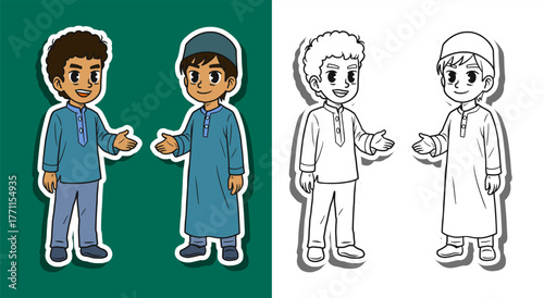 Happy muslim boys greeting sticker set