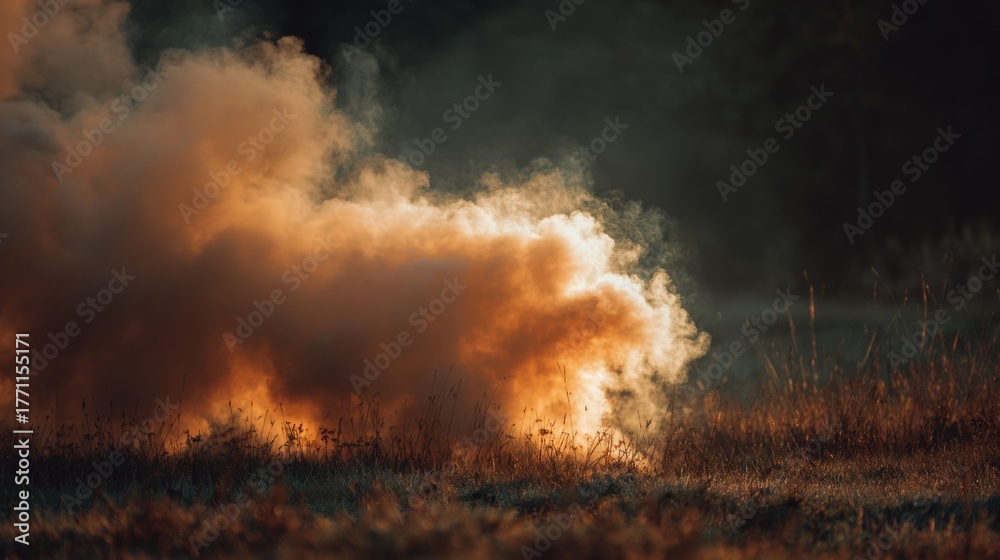 Fototapeta premium Smoke and Fire in a Field at Sunset Creating a Dramatic and Atmospheric Scene with Warm Tones and Natural Elements in the Background