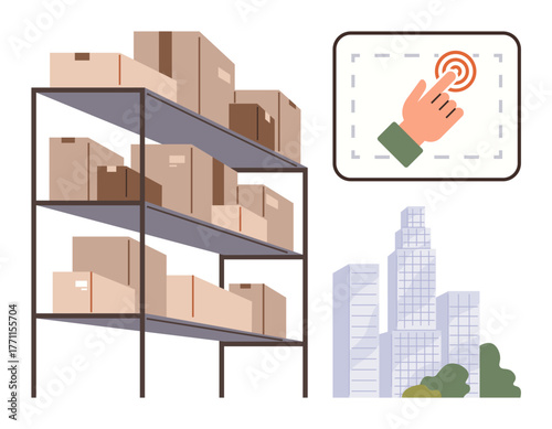 Storage racks filled with boxes, a pointer hand pressing a digital button graphic, urban skyscrapers. Ideal for logistics, e-commerce, inventory management, smart technology, urban planning