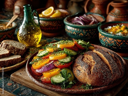 Colorful Moroccan salad with bell peppers, onions, tomatoes, and cucumbers in a ceramic bowl, accompanied by whole wheat bread with sesame seeds, olive oil bottle, and assorted dishes