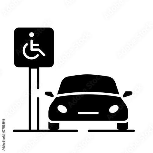Glyph Icon - Car parked at disabled parking spot indicating accessibility area.