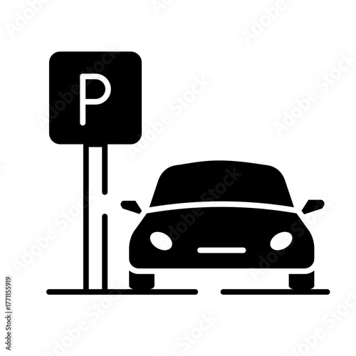 Glyph Icon - Car parked near sign symbolizing parking area or parking lot.