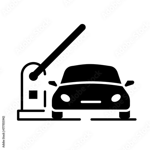 Glyph Icon - Car near barrier symbolizing parking gate or entrance checkpoint.
