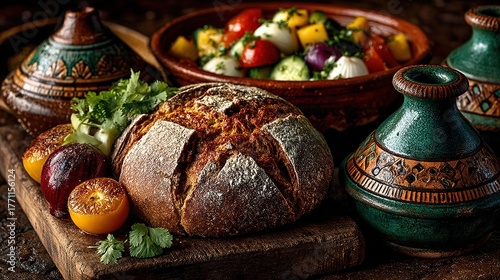 A rich Moroccan salad with tomato chunks, cucumber slices, onion pieces, pumpkin, and boiled egg in a brown clay bowl, garnished with cilantro, served with rustic bread on a wooden cutting board