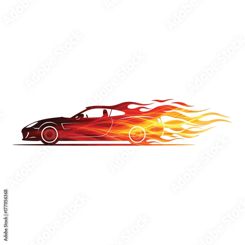A dynamic illustration of a sports car engulfed in flames isolated on white background, conveying speed, power, and the thrill of highperformance racing