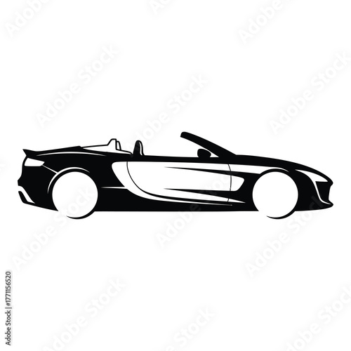 Sleek black convertible car isolated on white background, showcasing its modern design, aerodynamic silhouette, and opentop configuration for a thrilling driving experience