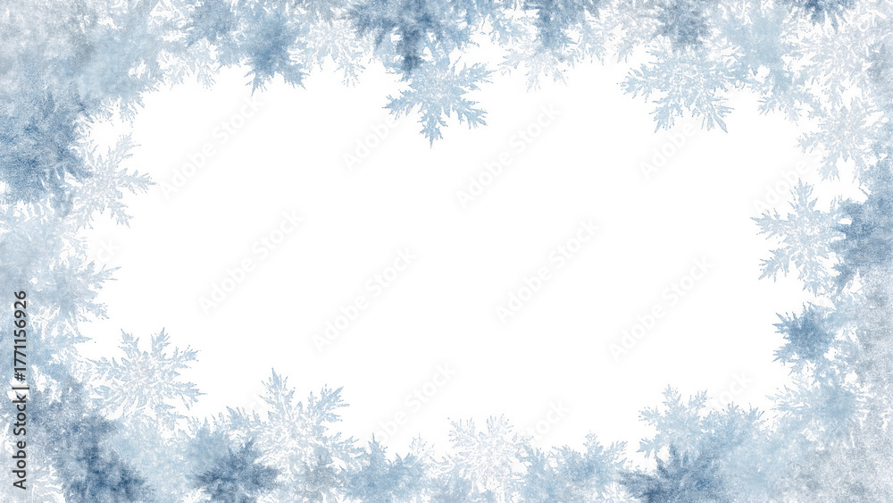 Fototapeta premium Blue snowflakes frame a white background, AI, PNG
