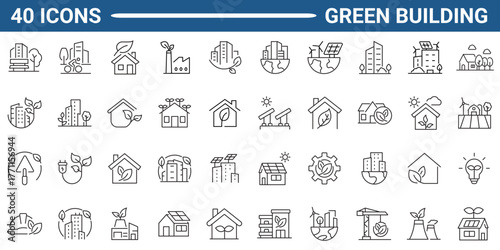 Green Building Web Icon Set in Line or outline Style. Icon For Web and Mobile App. Linear icon collection. Editable stroke. Vector illustration.