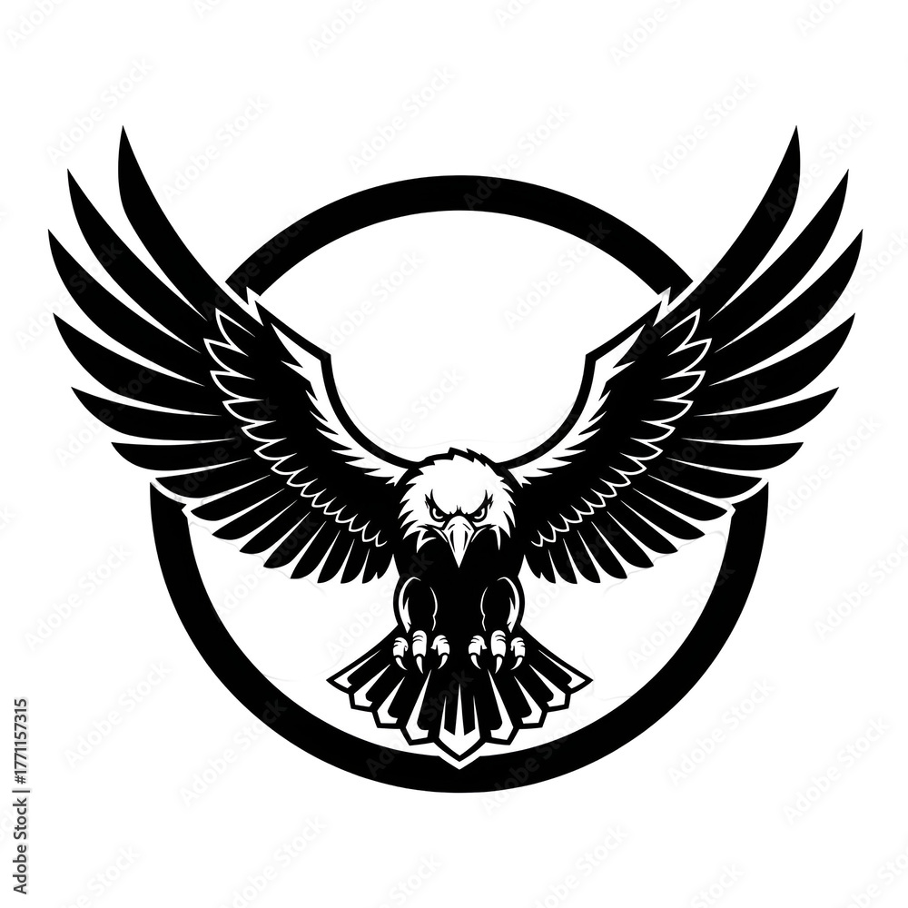 Obraz premium Powerful Eagle Vector Logo with Spread Wings in Circular Frame. Majestic Black and White Illustration of a Fierce Bird of Prey.