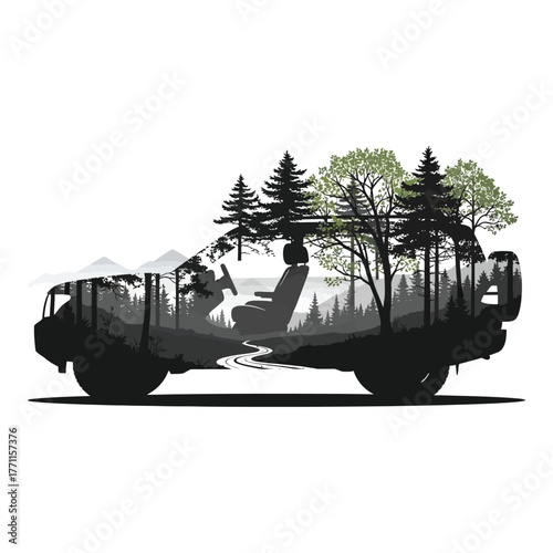 Offroad vehicle silhouette with forest landscape inside, showcasing nature and adventure, isolated on white background a unique design for outdoor enthusiasts and travel lovers