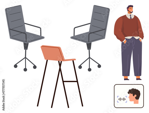 Three chairs, including two swivel office chairs and a modern stool, a professional male figure, and a face scan graphic. Ideal for workplace, technology, teamwork, HR, meetings identity and modern