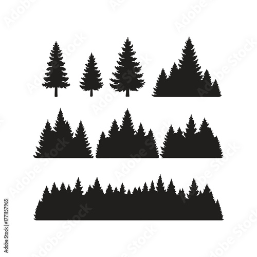 Coniferous Forest Silhouette Black and White Panorama Collection