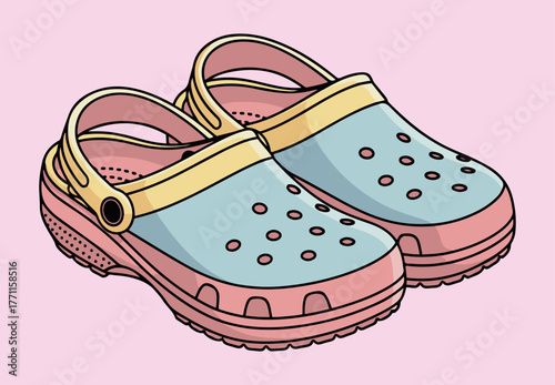 Illustration of a pair of colorful Crocs-style clogs, light blue with pink soles and yellow straps, on a pink background.