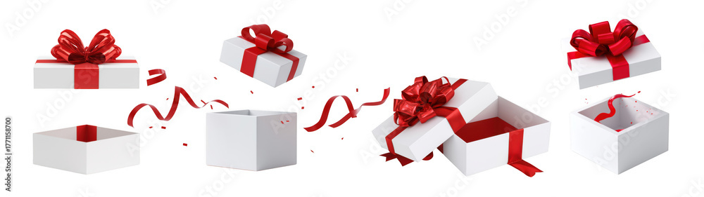 Obraz premium Gifts wrapped in shiny red ribbons for the holidays, created AI, PNG
