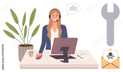 Female support agent with headset at desktop computer, dialogue bubble, plant, wrench, malware email. Ideal for tech support, customer care, cybersecurity, troubleshooting IT service communication
