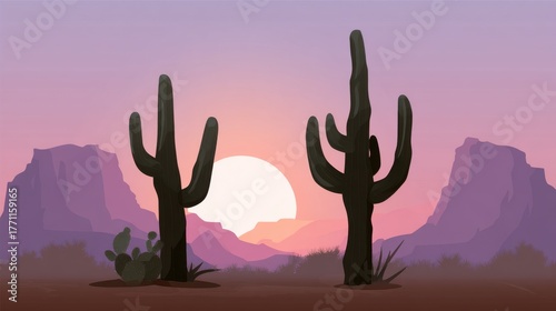 Desert cacti at sunset landscape