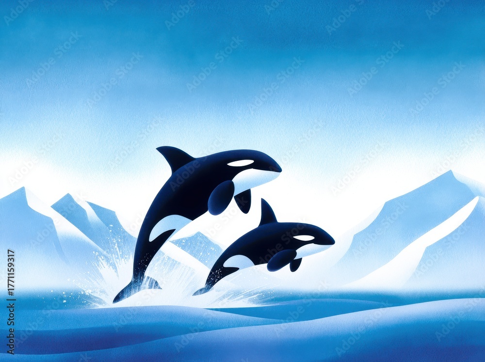 Fototapeta premium Orcas jumping in arctic waters with mountains