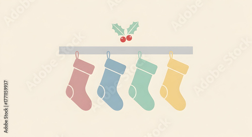 Hanging Christmas Stockings with Holly Berry Decoration on Beige Background