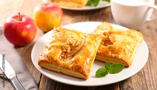 Delicious baked pastries served with fruit and beverages on a wooden surface