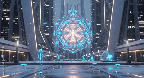 Futuristic Cityscape with Glowing Orb and Falling Snow