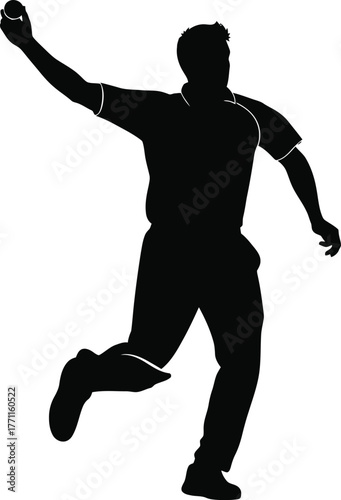Silhouette of a cricket player in mid action bowling