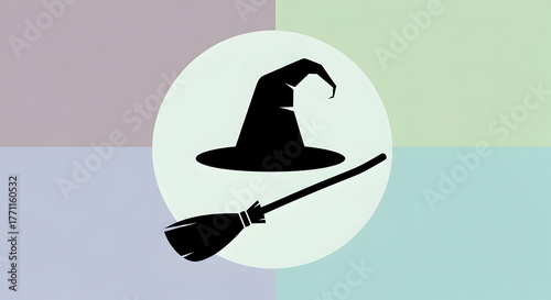 Halloween Witch Hat and Broom Silhouette on Pastel Background