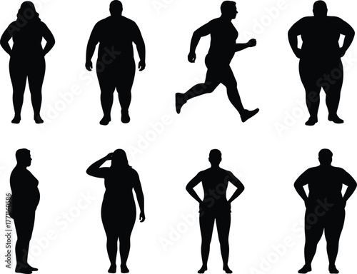 Silhouette human body shapes, fitness posture diversity, standing running saluting figures, anatomy outline collection, health exercise concept, black isolated illustration