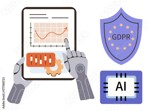 Robotic hands examining tablet with chart, cogwheel, GDPR shield, and AI chip. Ideal for data control, machine learning, security, compliance AI ethics innovation and technology transformation. A