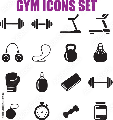Gym equipment icons fitness