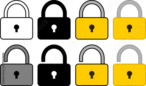 A collection of simple padlock icons showing open and closed positions, a versatile vector Kunci set for digital security and protection