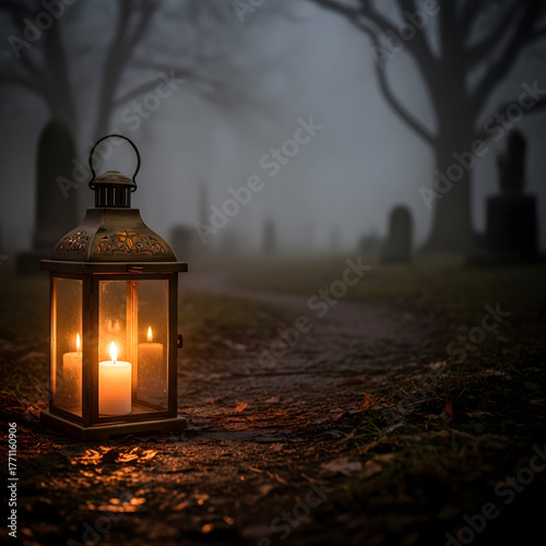 Candle Lantern Lighting a Foggy Graveyard Path at Night