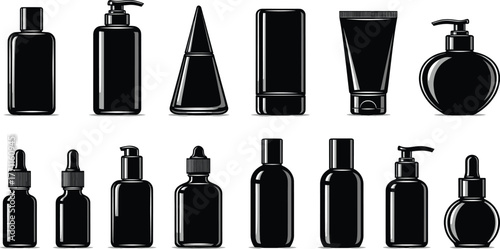 Black cosmetic containers collection, skincare packaging mockup, lotion bottles, cream jars, shampoo tubes, dropper bottles, beauty product branding design