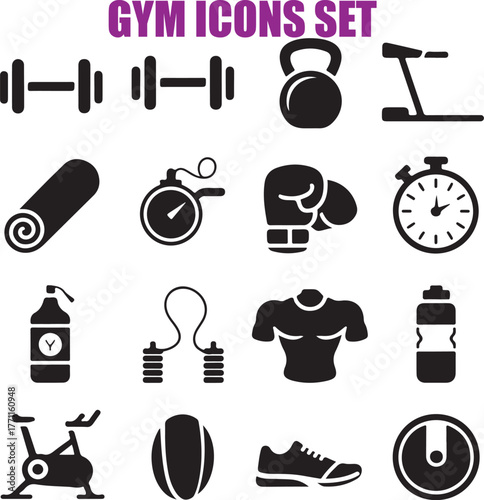 Gym equipment icons fitness exercise