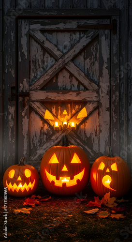Carved Pumpkins with Glowing Lights Decorating Rustic Barn Door for Holiday