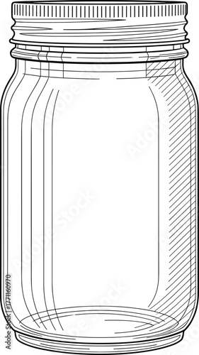 Empty mason jar line drawing, detailed glass container illustration, transparent storage jar sketch, food preservation design, vintage kitchen craft element